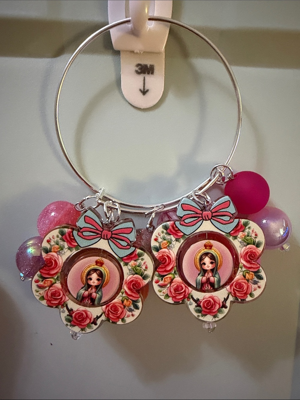 Floral Pink Religious Charm Bracelet with Bow Accents Virgin De Guadelupe